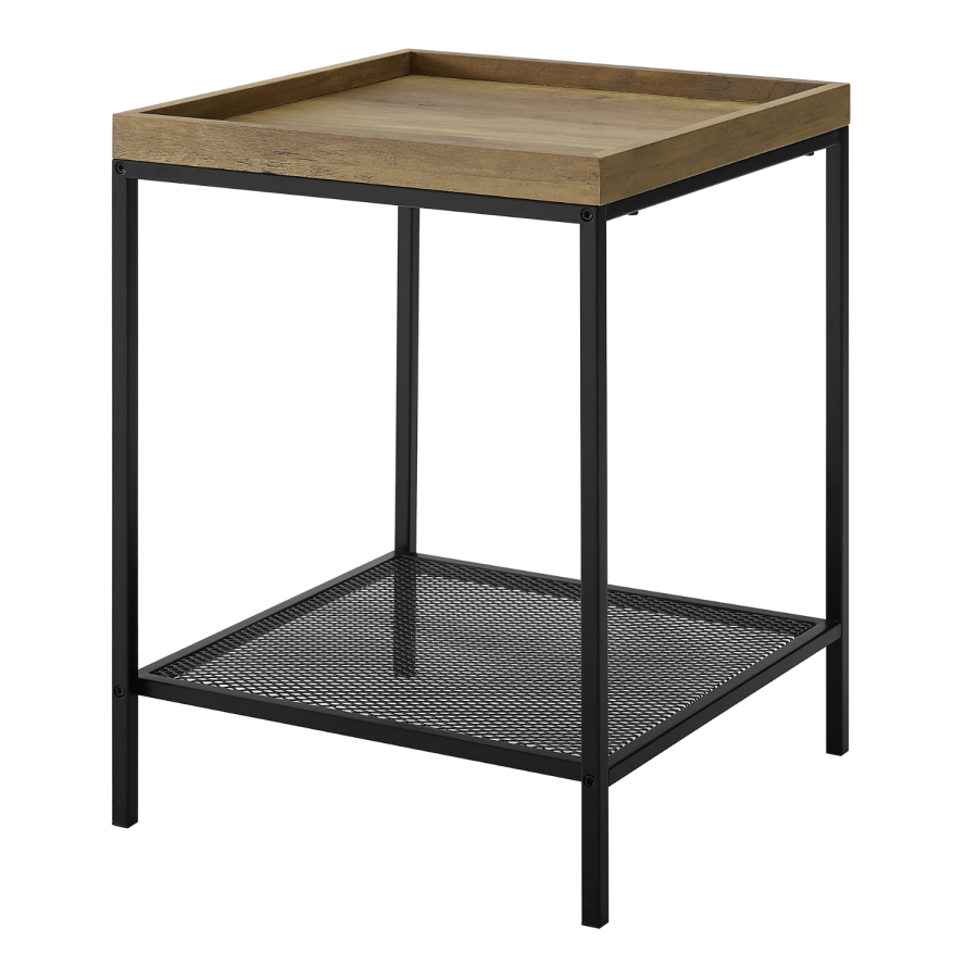 Foster Oak Side Table with Metal Mesh Shelf