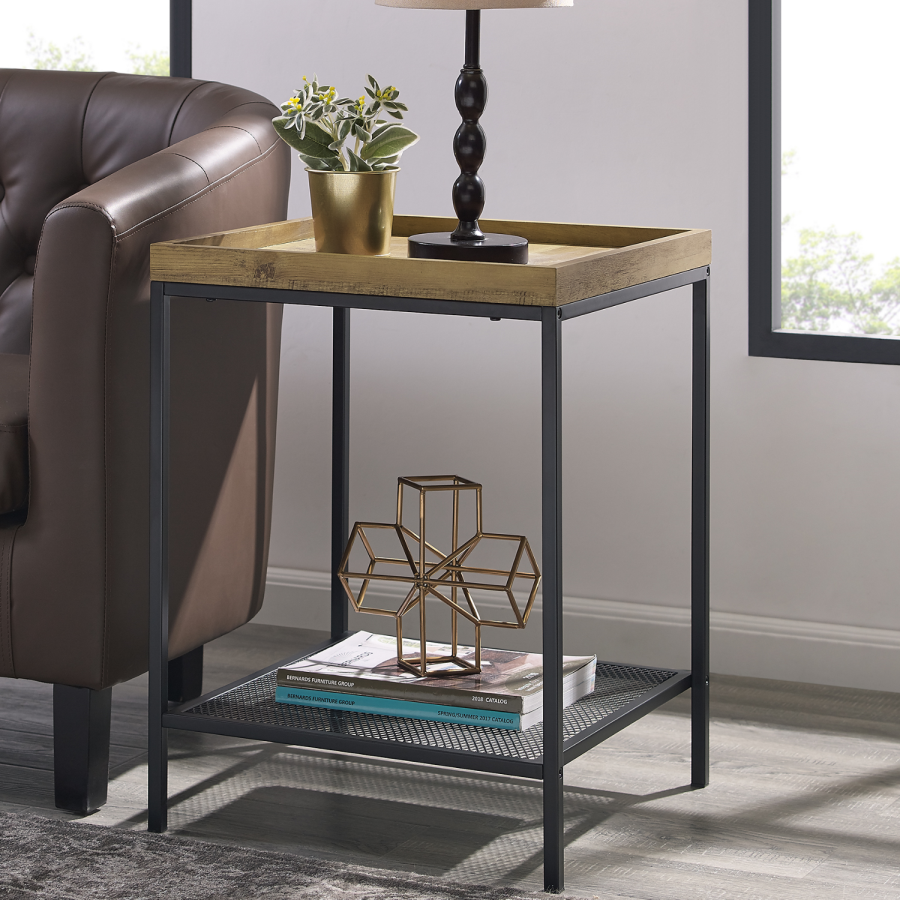 Foster Oak Side Table with Metal Mesh Shelf