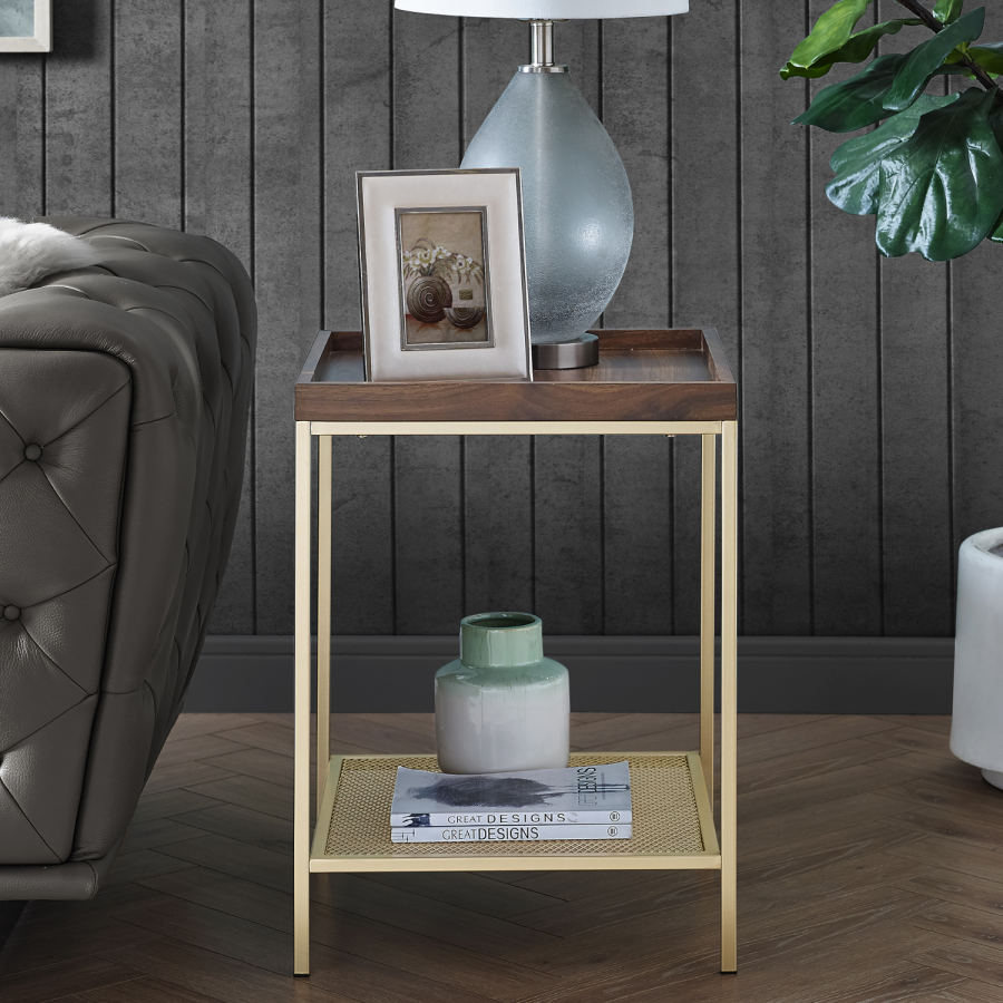 Foster Wood Effect Square Side Table with Gold Mesh Shelf