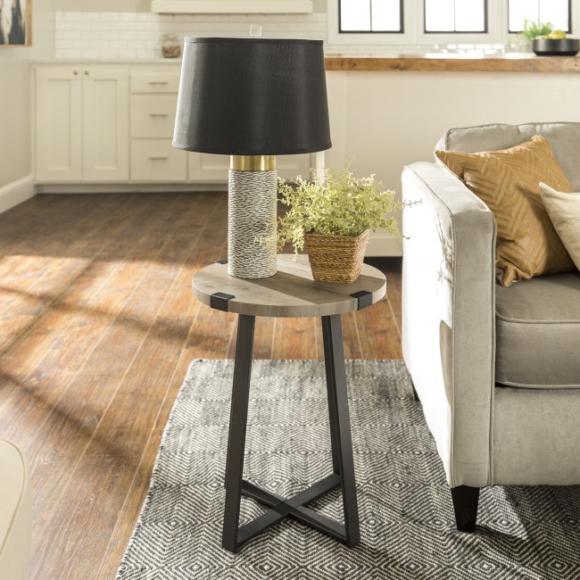 Foster Grey Wood Effect Side Table with Circular Top & Metal Base