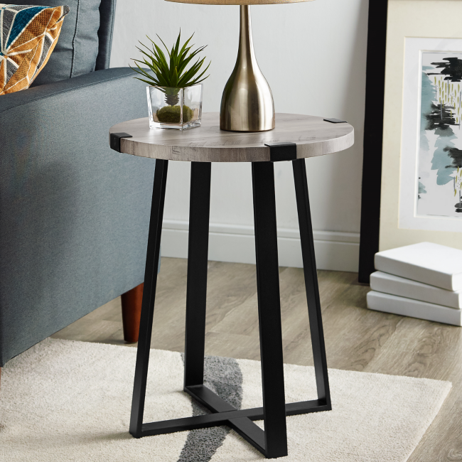 GRADE A1 - Foster Grey Wood Effect Side Table with Circular Top & Metal Base