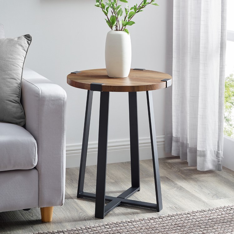 Foster Oak Effect Side Table with Circular Top & Metal Base