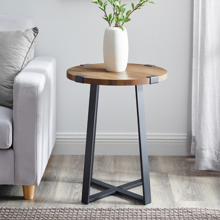 Foster Oak Effect Side Table with Circular Top & Metal Base