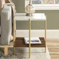 GRADE A1 - Foster Gold Faux Marble Square Side Table with Wooden Shelf