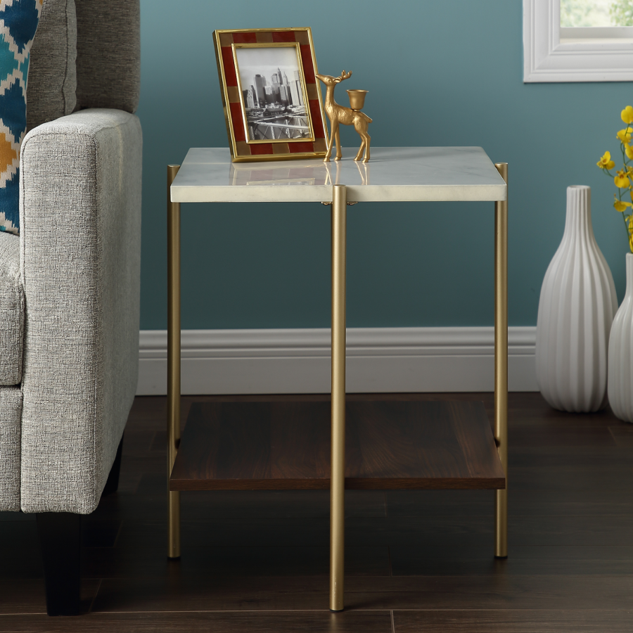 GRADE A1 - Foster Gold Faux Marble Square Side Table with Wooden Shelf