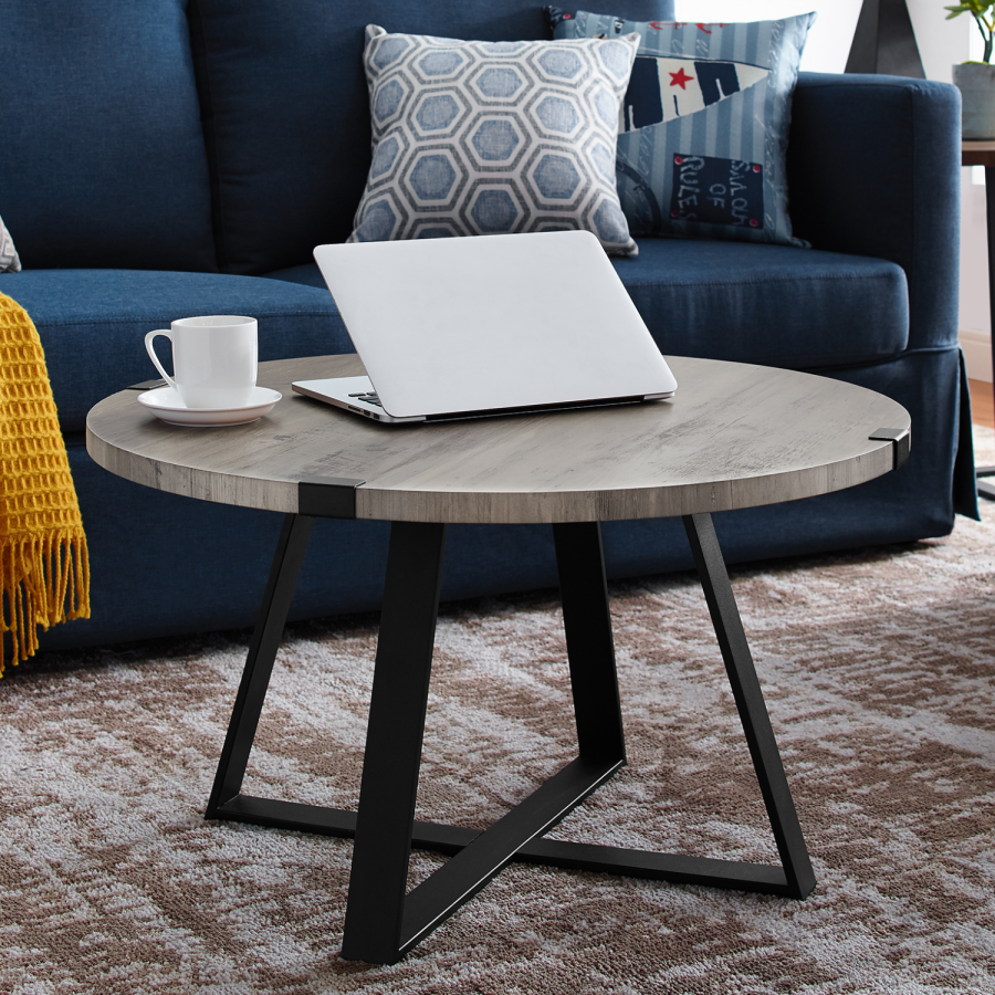 Small Grey Round Coffee Table with Metal Base - Foster