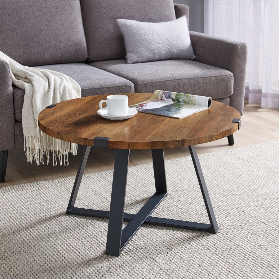 Small Round Oak Coffee Table with Metal Base - Foster
