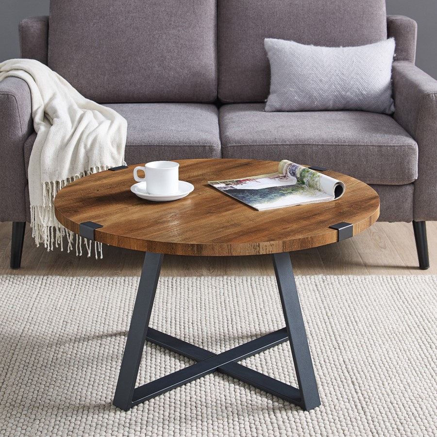 Small Round Oak Coffee Table with Metal Base - Foster