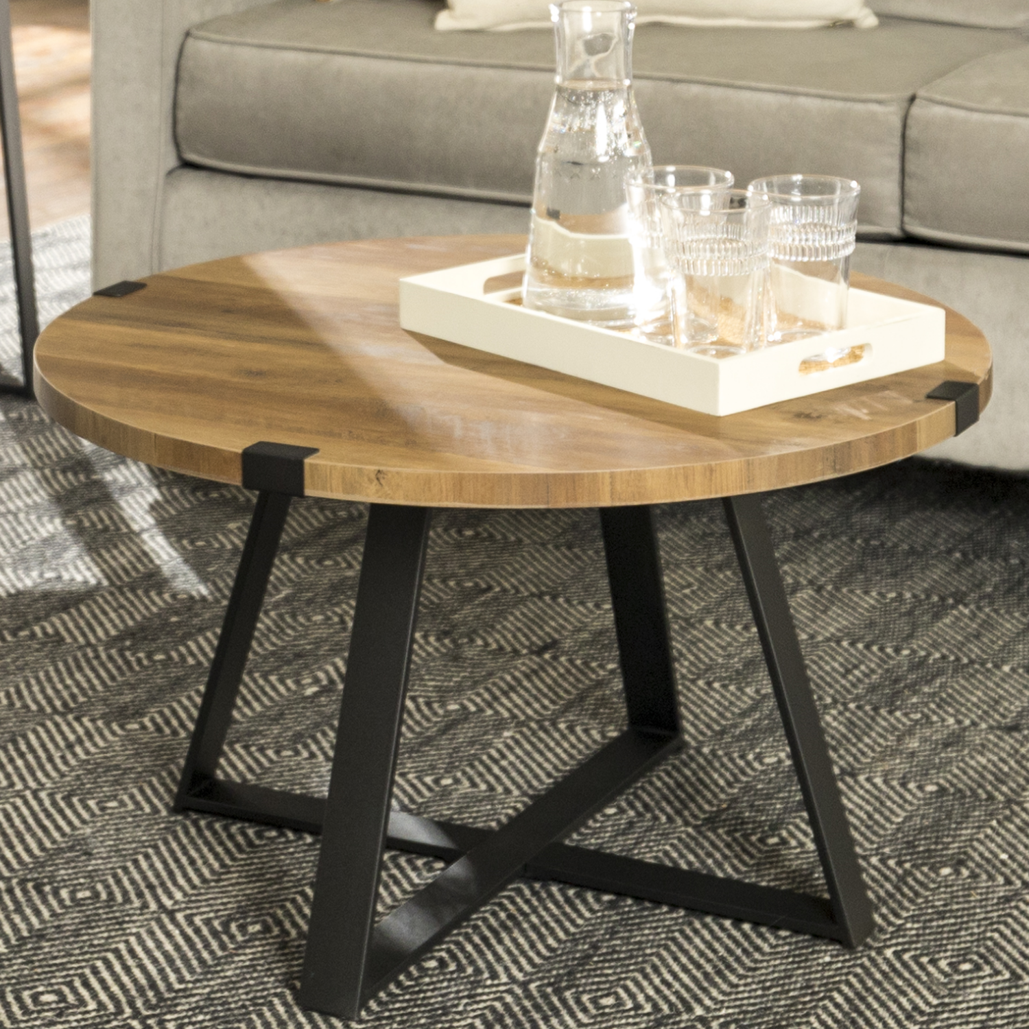 Round Oak Coffee Table With Metal Base, Round Wood Coffee Table Uk