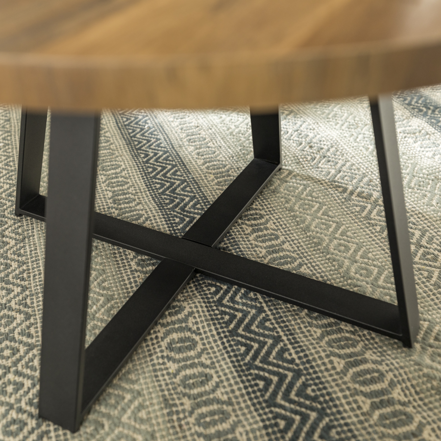 Small Round Oak Coffee Table with Metal Base - Foster