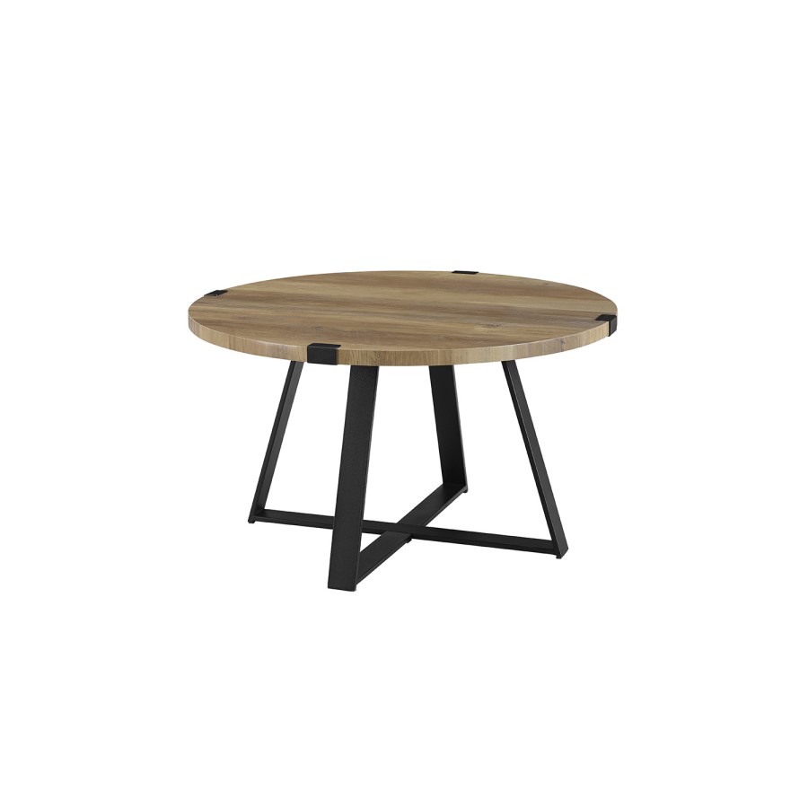 Small Round Oak Coffee Table with Metal Base - Foster