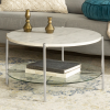 Round White Coffee Table in Faux Marble with Glass Shelf - Foster