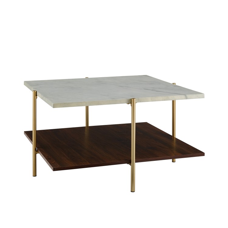 Small White Marble Square Coffee Table with Gold Legs - Foster