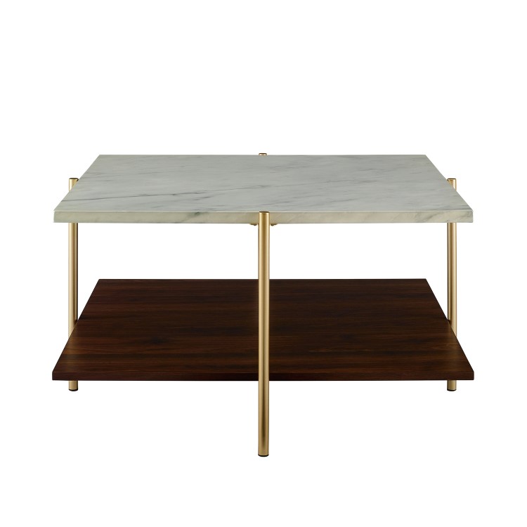 Small White Marble Square Coffee Table with Gold Legs - Foster