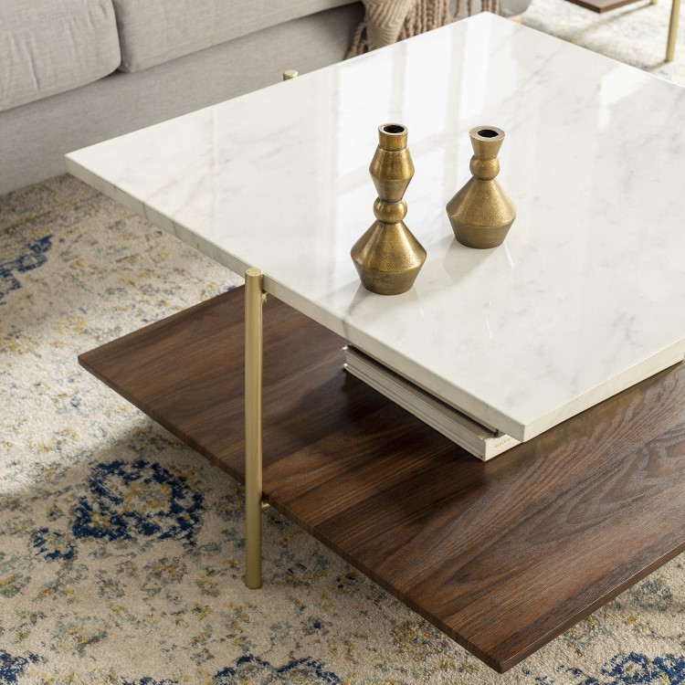 Small White Marble Square Coffee Table with Gold Legs - Foster