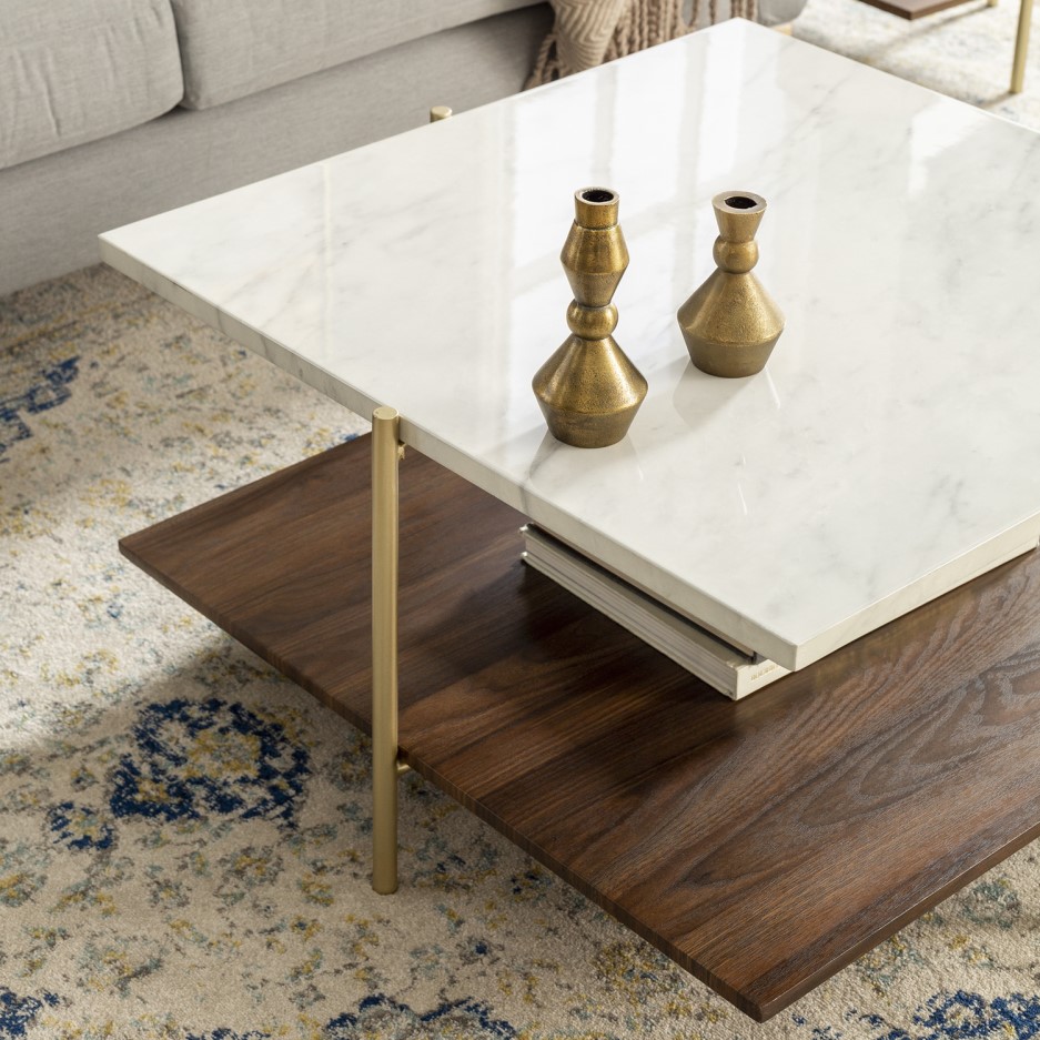 Foster White Marble Square Coffee Table with Gold Legs | Furniture123