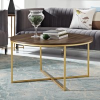 Small Round Dark Wooden Coffee Table with Gold Base - Foster