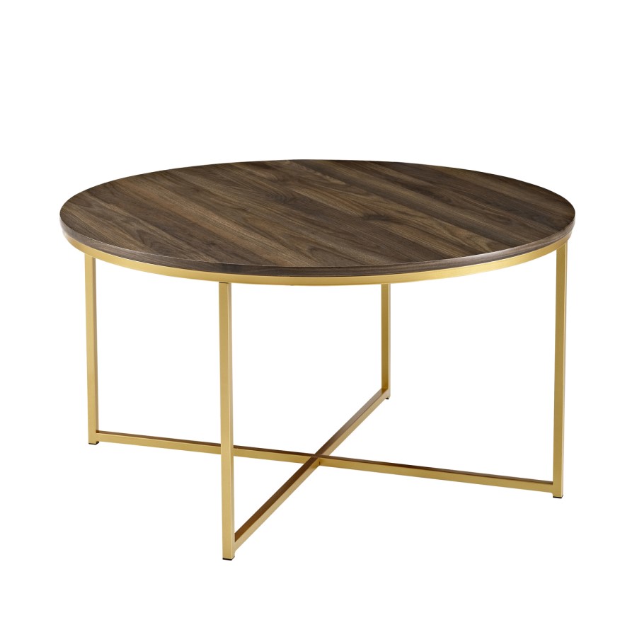 Small Round Dark Wooden Coffee Table with Gold Base - Foster