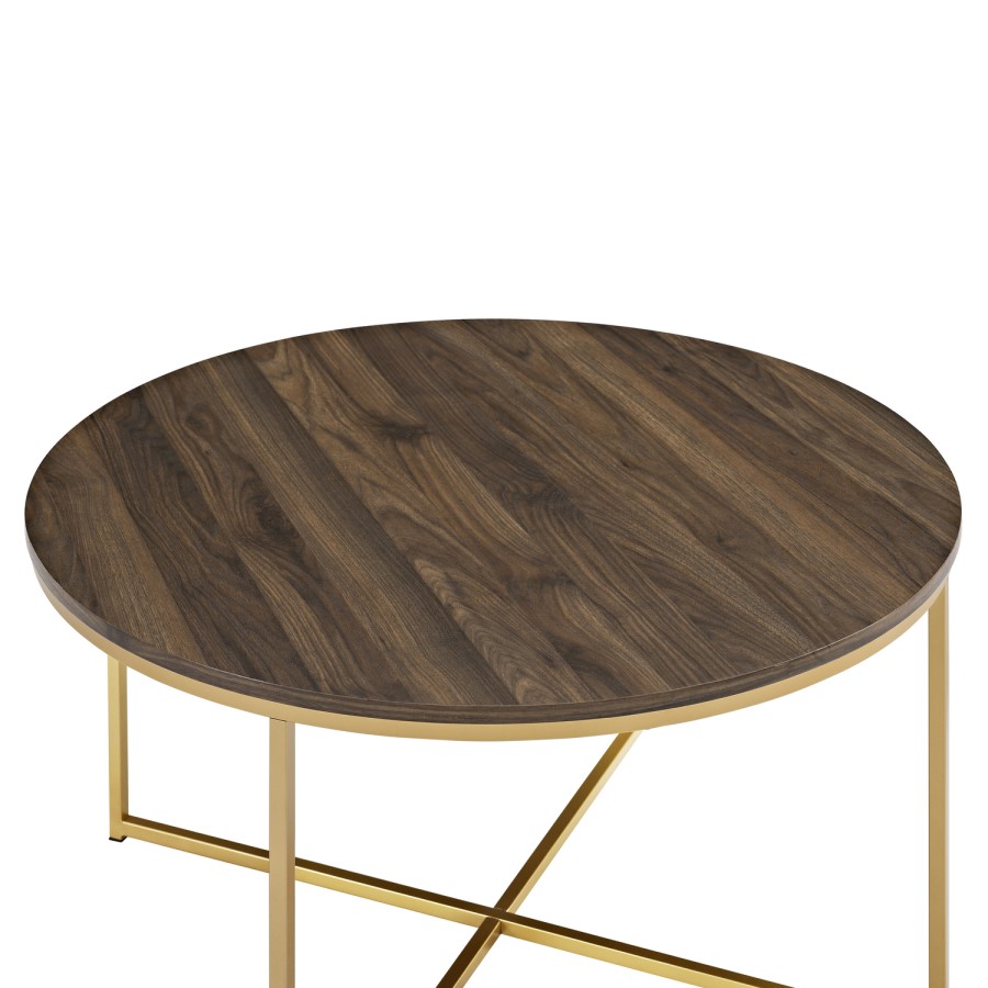 Small Round Dark Wooden Coffee Table with Gold Base - Foster
