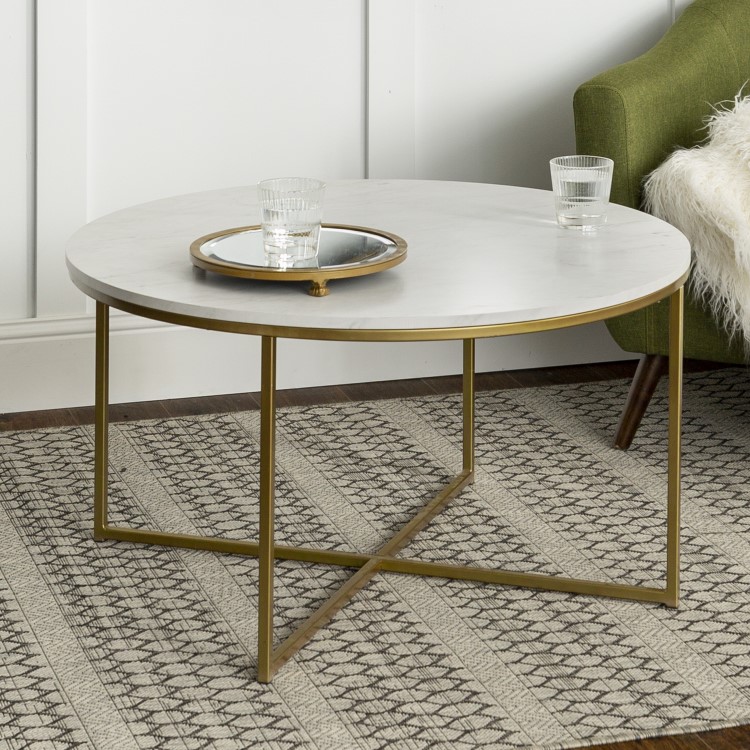 Foster White Faux Marble Coffee Table with Gold Base