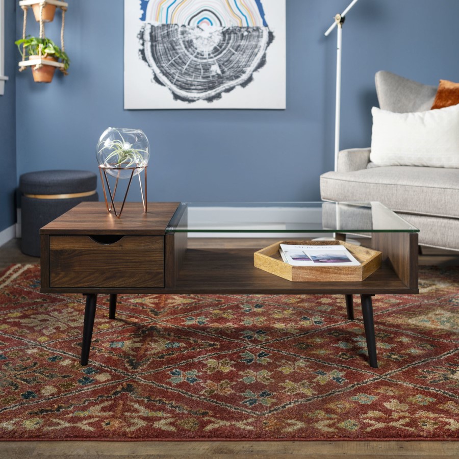 Dark Walnut Effect Coffee Table with Glass Top - Foster