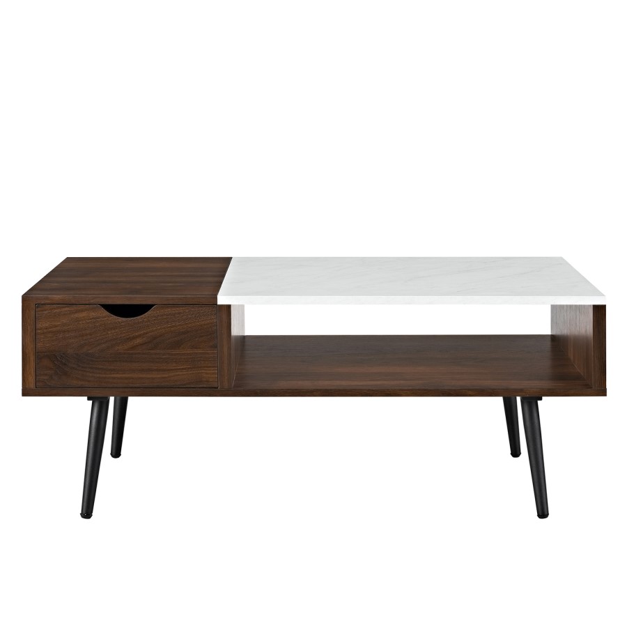 Small White Marble Coffee Table with Wooden Effect Shelf - Foster