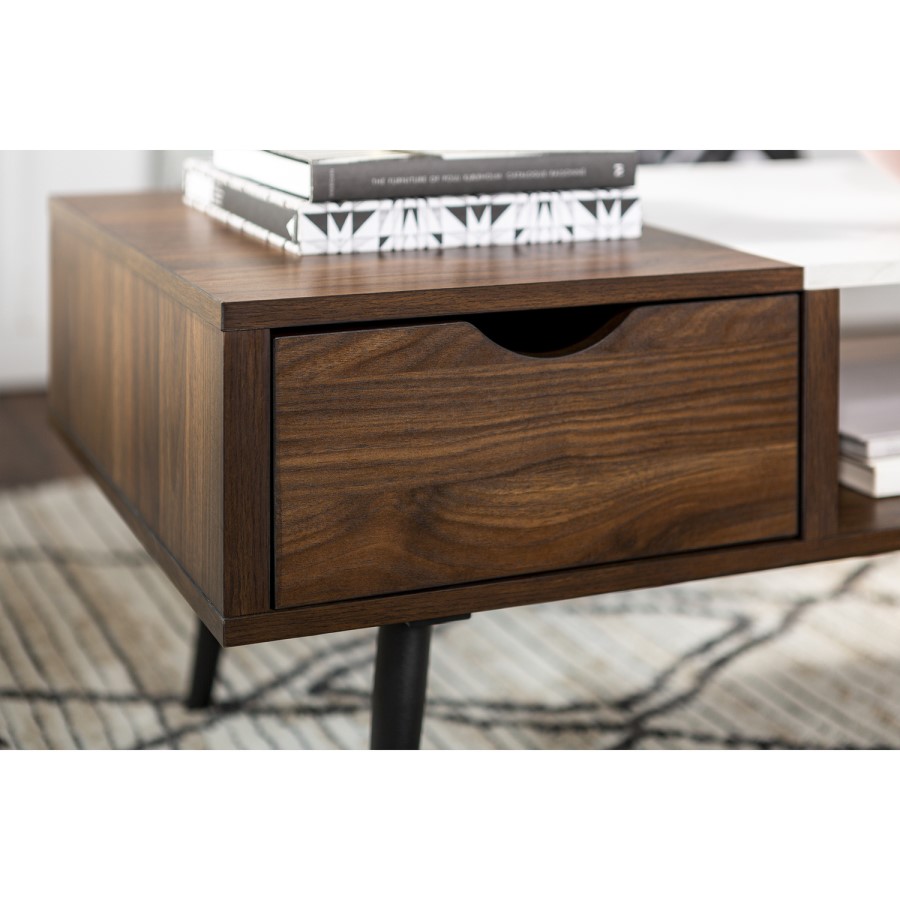 Small White Marble Coffee Table with Wooden Effect Shelf - Foster