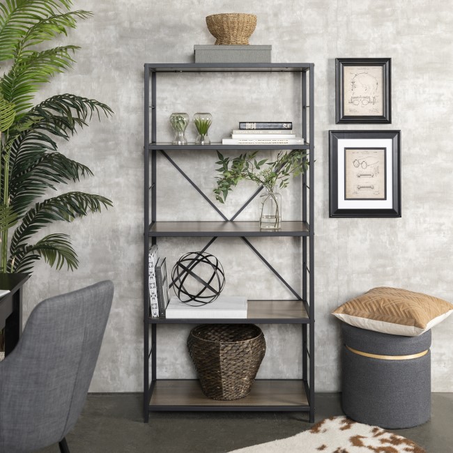 Grey Industrial Wooden Bookcase with Cross Metal Rack - Foster