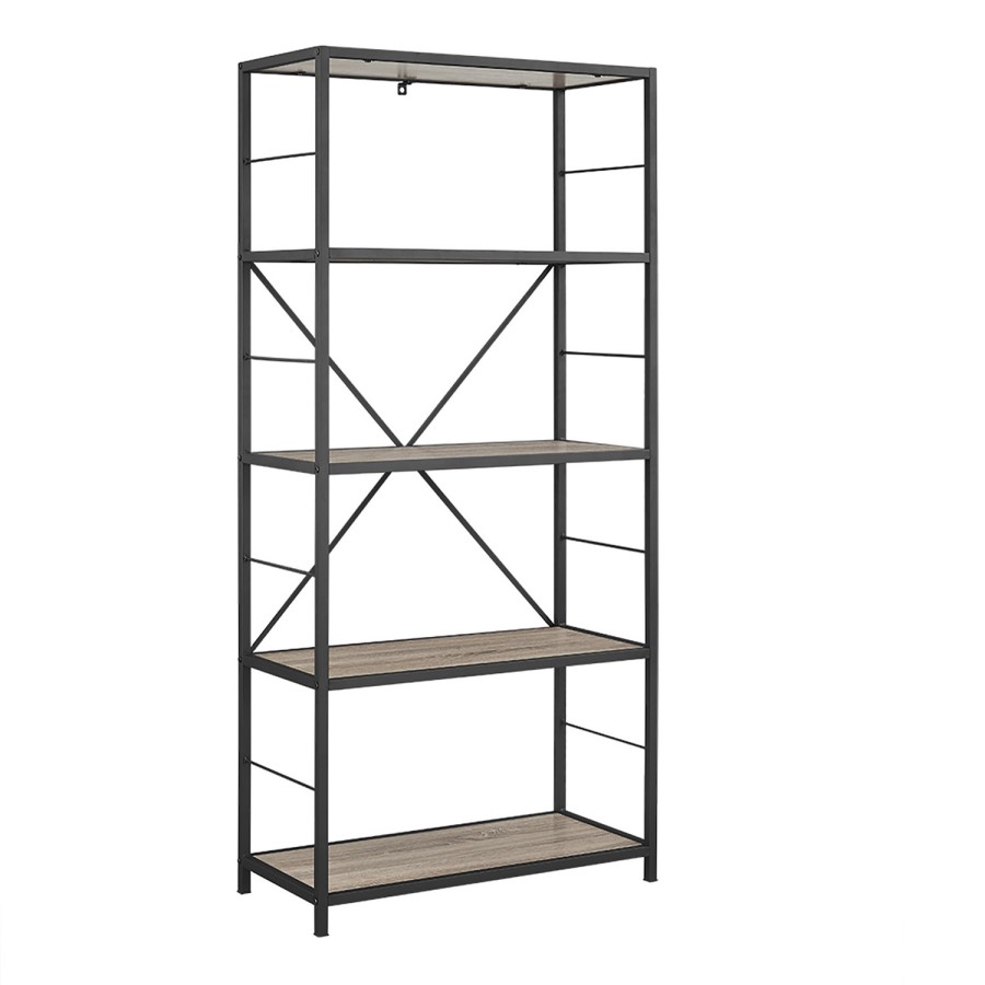 Grey Industrial Wooden Bookcase with Cross Metal Rack - Foster