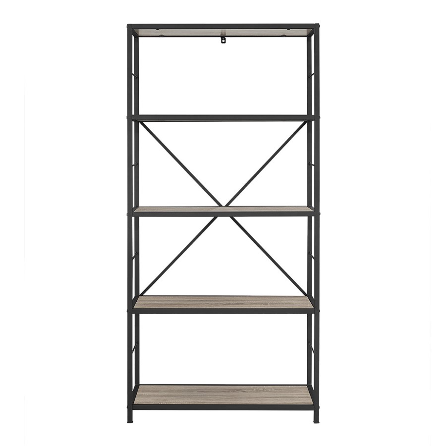 Grey Industrial Wooden Bookcase with Cross Metal Rack - Foster