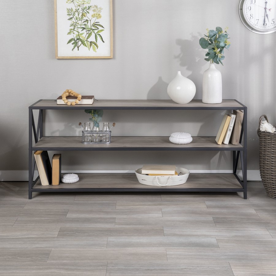 Low Grey Wood Effect and Metal Open Bookcase - Foster