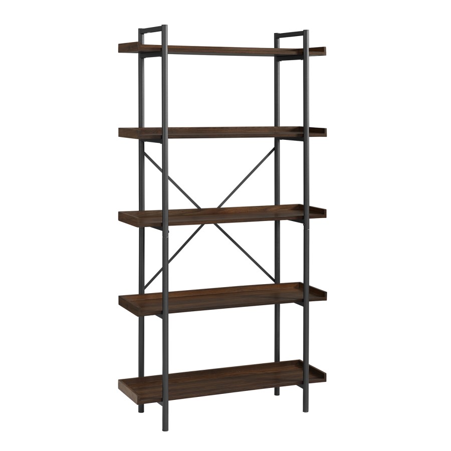 Foster Brown Wooden Effect Bookcase with Metal Cross Back - 5 Shelves