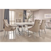 Cream Marble Dining Set with 200cm Table & Champagne Velvet Chairs - Seats 6 - Arianna