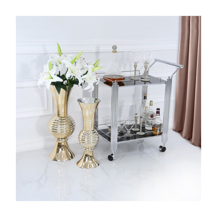Aurora Boutique Mirrored Drinks Trolley Black Glass