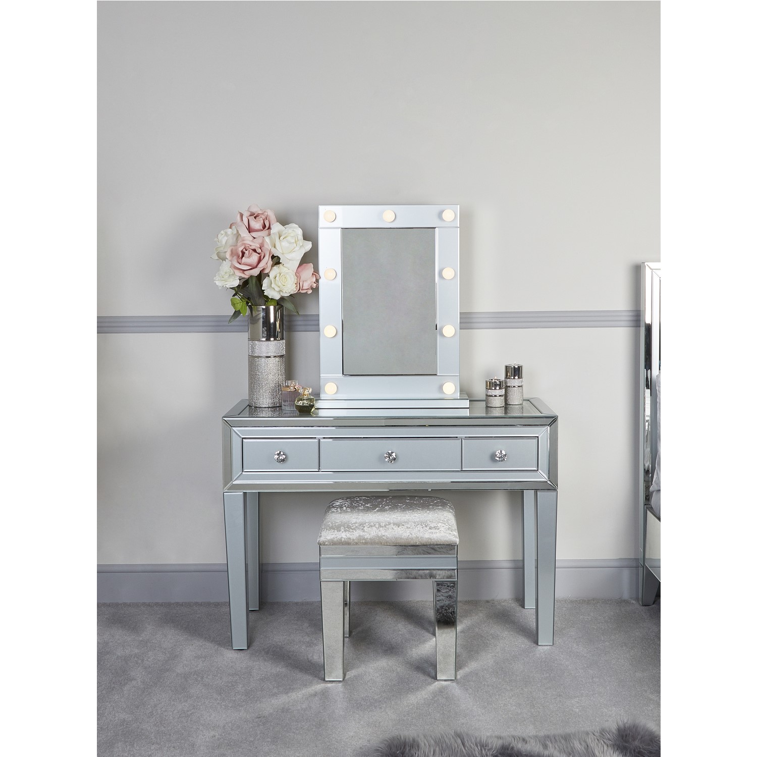 grey dressing table with light up mirror Amazon.com: Grey Vanity Desk with Lighted Mirror and Stool 3 Light Setting & Adjustable Brightness Dressing Table with 5 Drawers and Stora Shelves, Bedroom Vanity Table for Women, Girls ( Color :