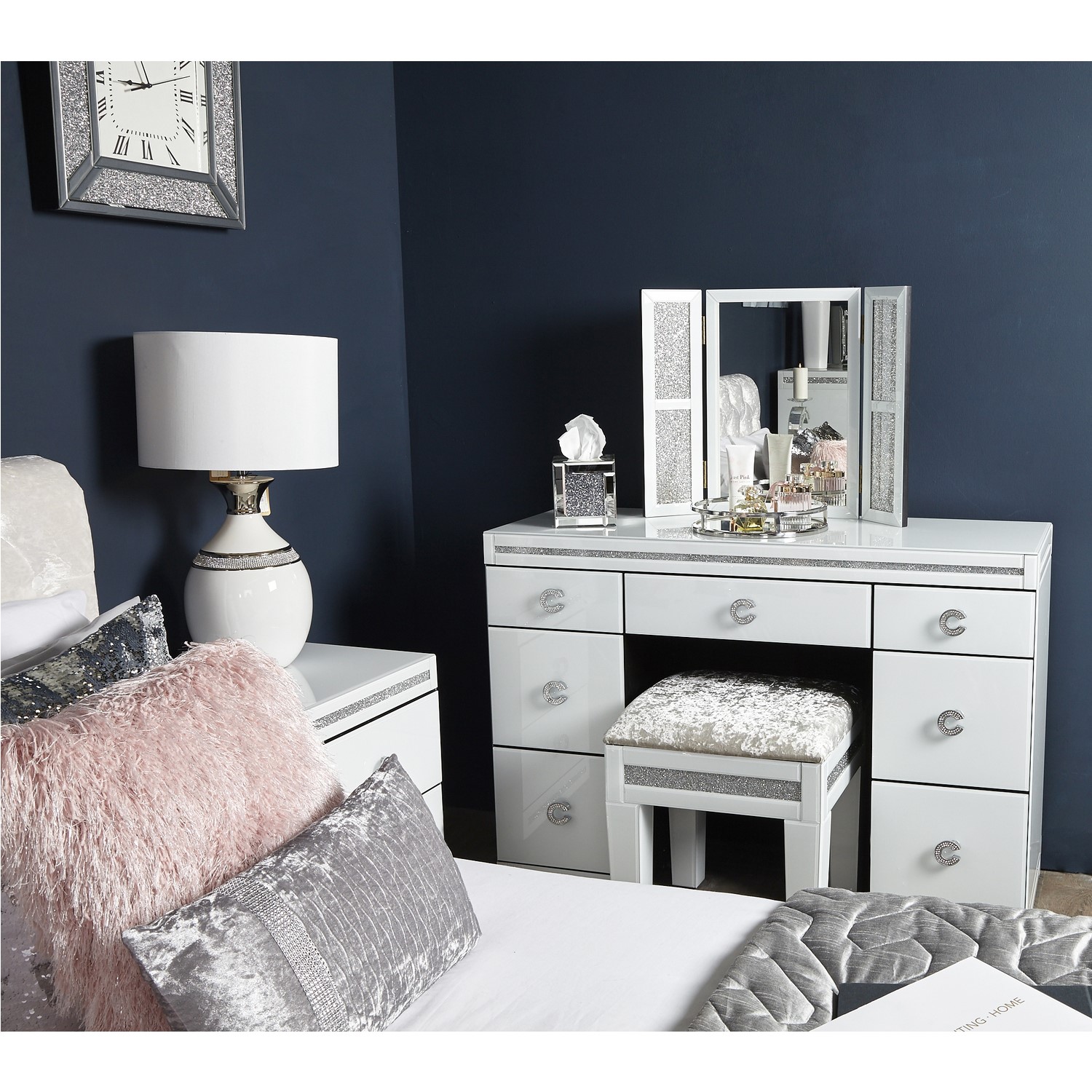 Bella White Glitter Glass Vanity Dressing Table Mirror - Furniture123 Bella White Glitter Glass Vanity Dressing Table Mirror - Furniture123