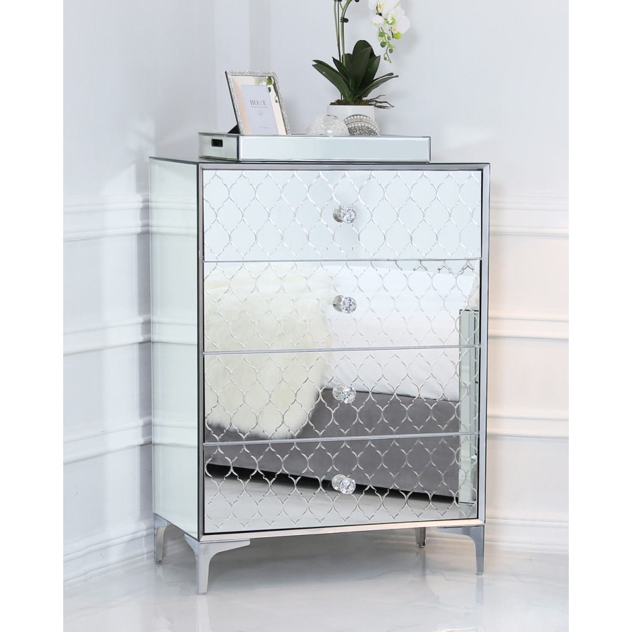 Sara Mirrored 4 Drawer Chest of Drawers with Diamante Handles
