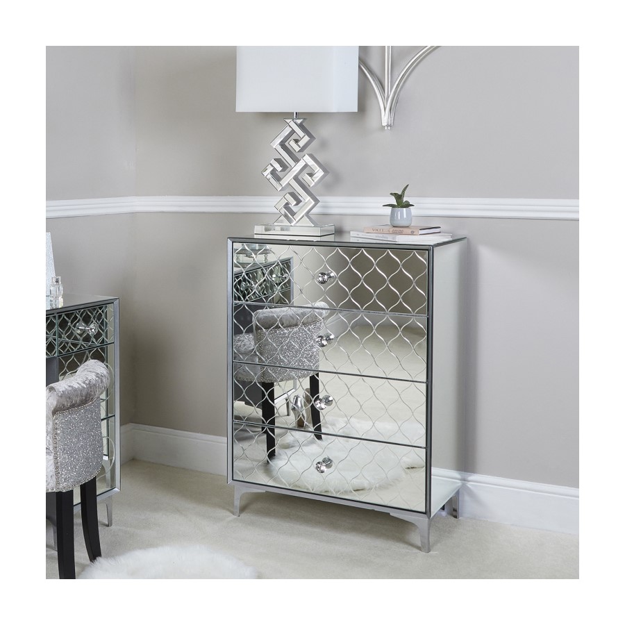 Sara Mirrored 4 Drawer Chest of Drawers with Diamante Handles