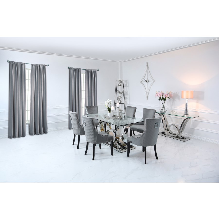Glass Dining Table & 6 Grey Velvet Chairs - Aurora Boutique
