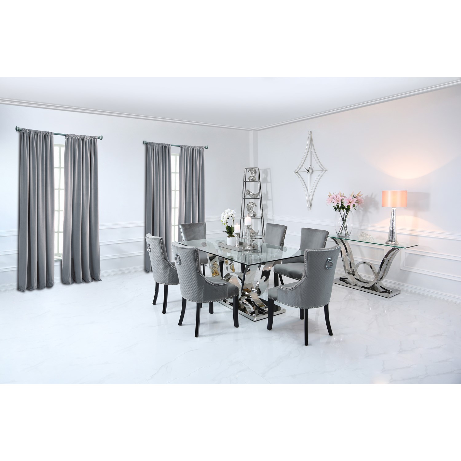 Glass Dining Table 6 Grey Velvet Chairs Aurora Boutique Furniture123