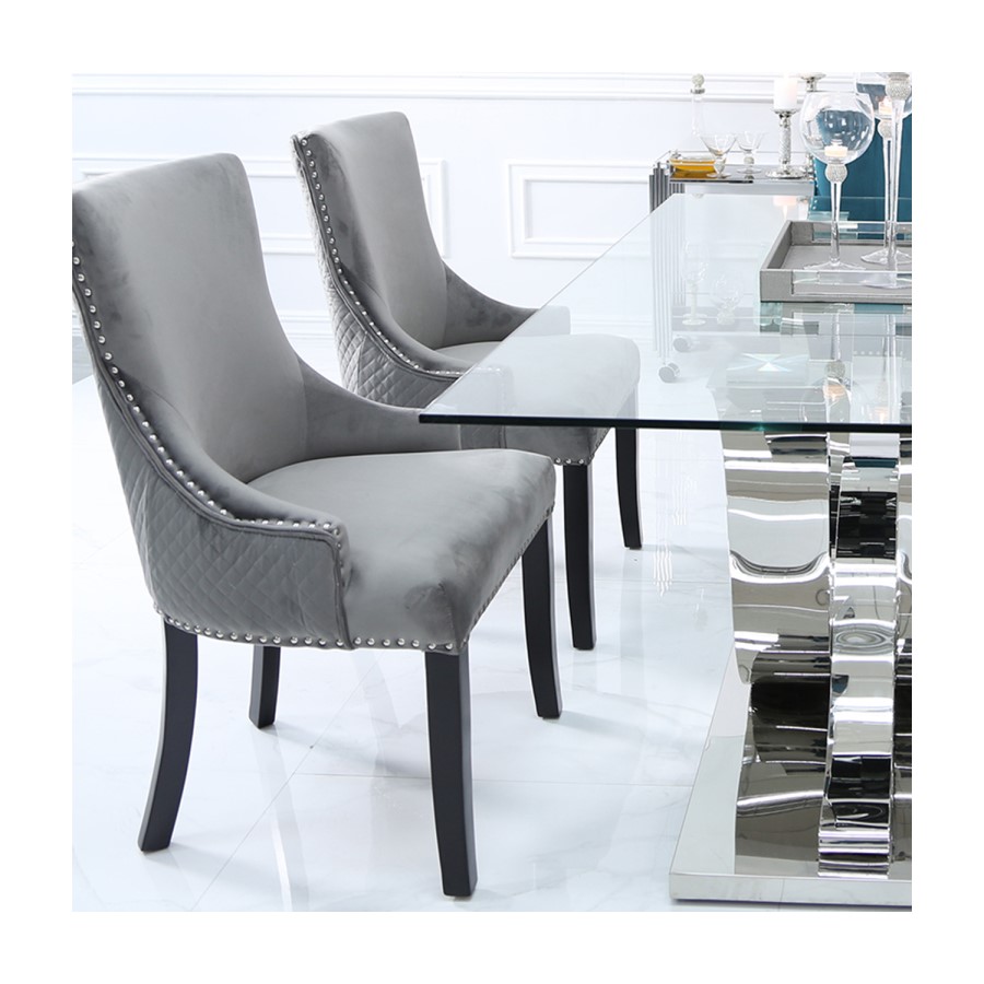 Glass Dining Table & 6 Grey Velvet Chairs - Aurora Boutique