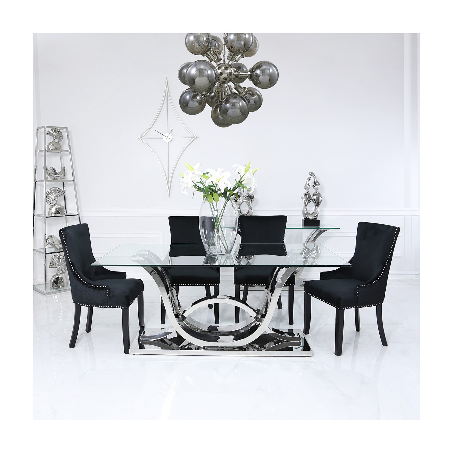 Glass Dining Table 6 Black Velvet Chairs Aurora Boutique Furniture123