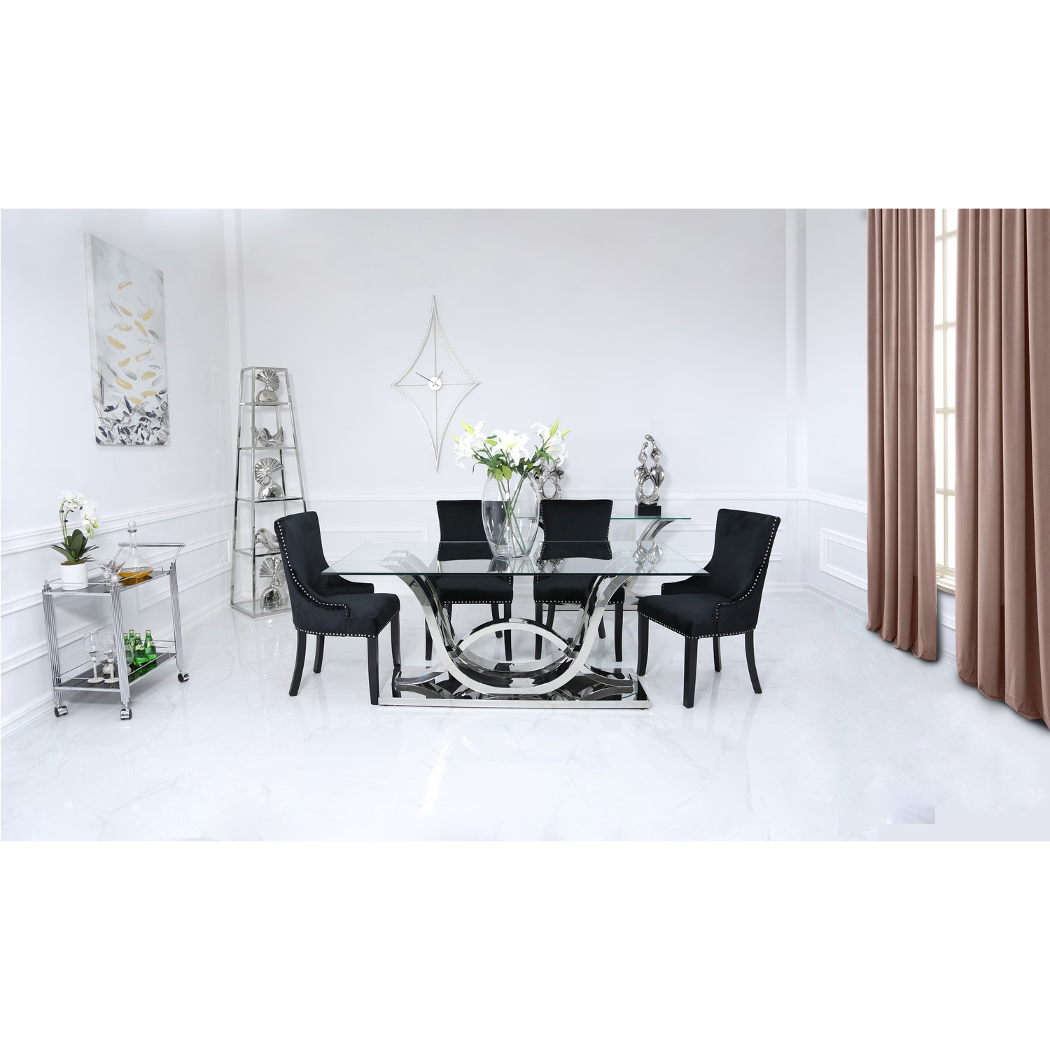 Glass Dining Table & 6 Black Velvet Chairs Aurora Boutique Furniture123