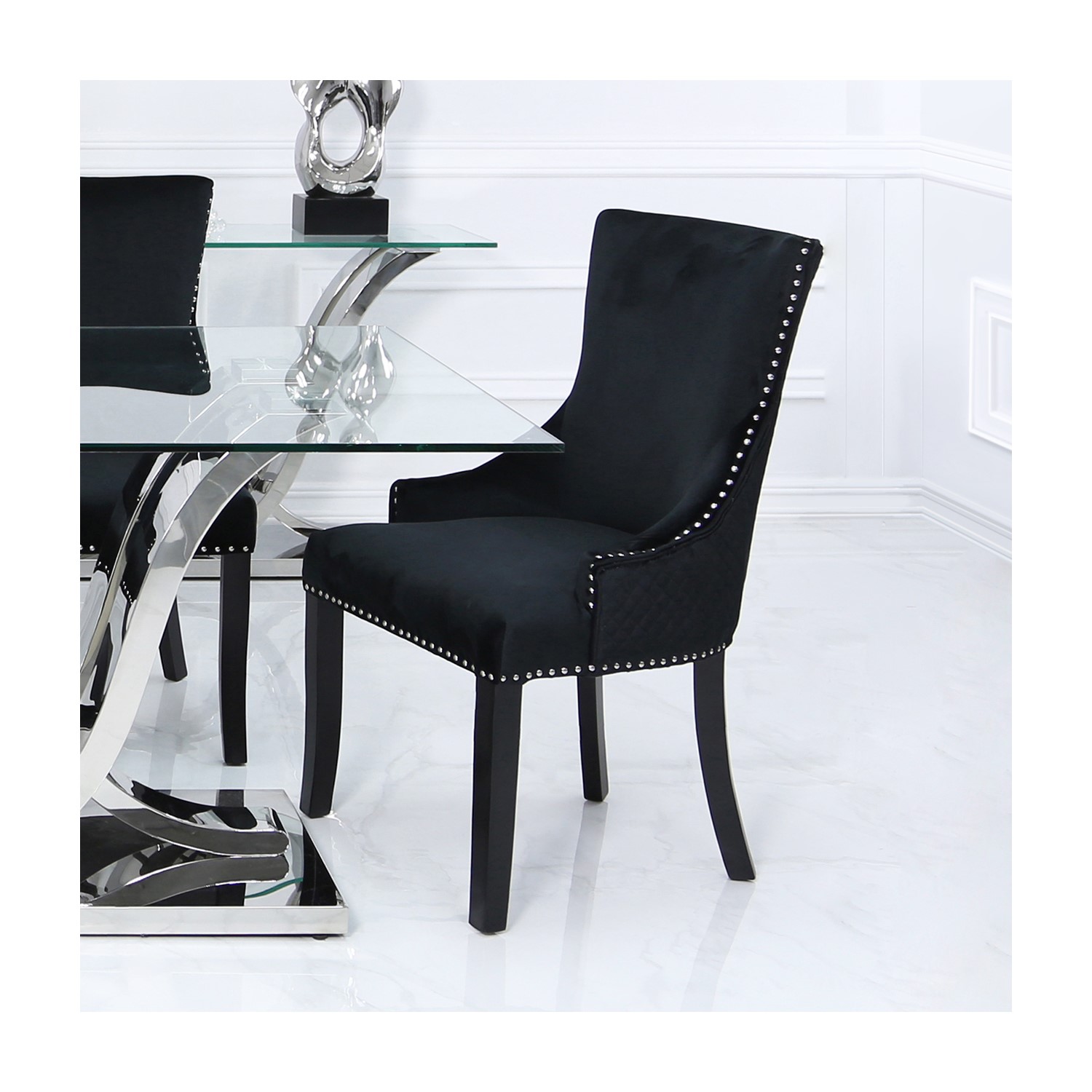 Glass Dining Table & 6 Black Velvet Chairs Aurora Boutique Furniture123