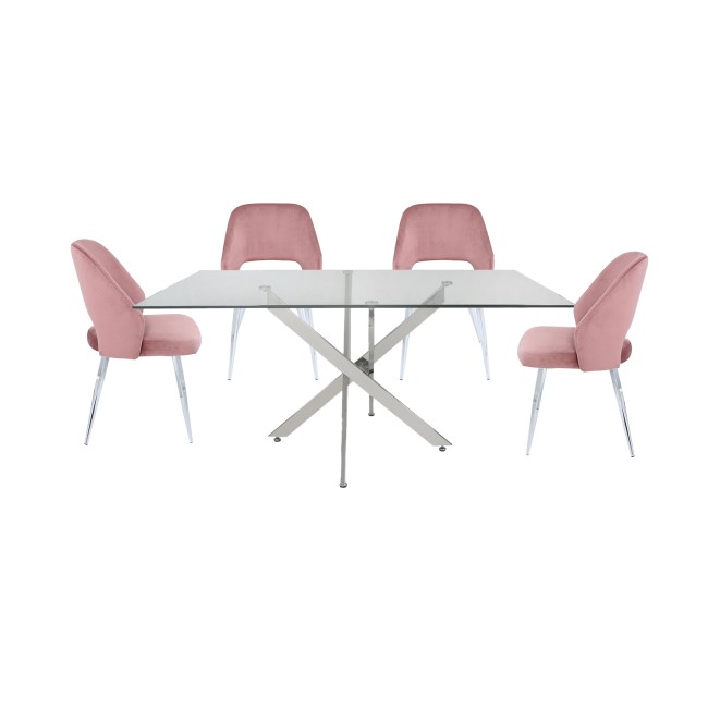 Glass Dining Table & 4 Pink Velvet Chairs - Aurora Boutique