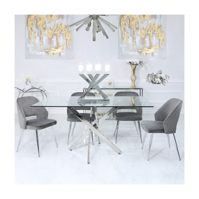 Glass Dining Table & 4 Grey Velvet Chairs - Aurora Boutique