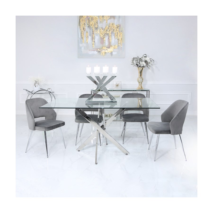 Glass Dining Table & 4 Grey Velvet Chairs - Aurora Boutique