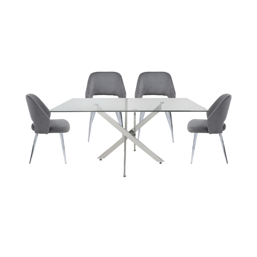 Glass Dining Table & 4 Grey Velvet Chairs - Aurora Boutique