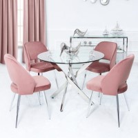 Round Glass Dining Table & 4 Pink Velvet Chairs - Aurora Boutique Round Glass Dining Table & 4 Pink Velvet Chairs - Aurora Boutique