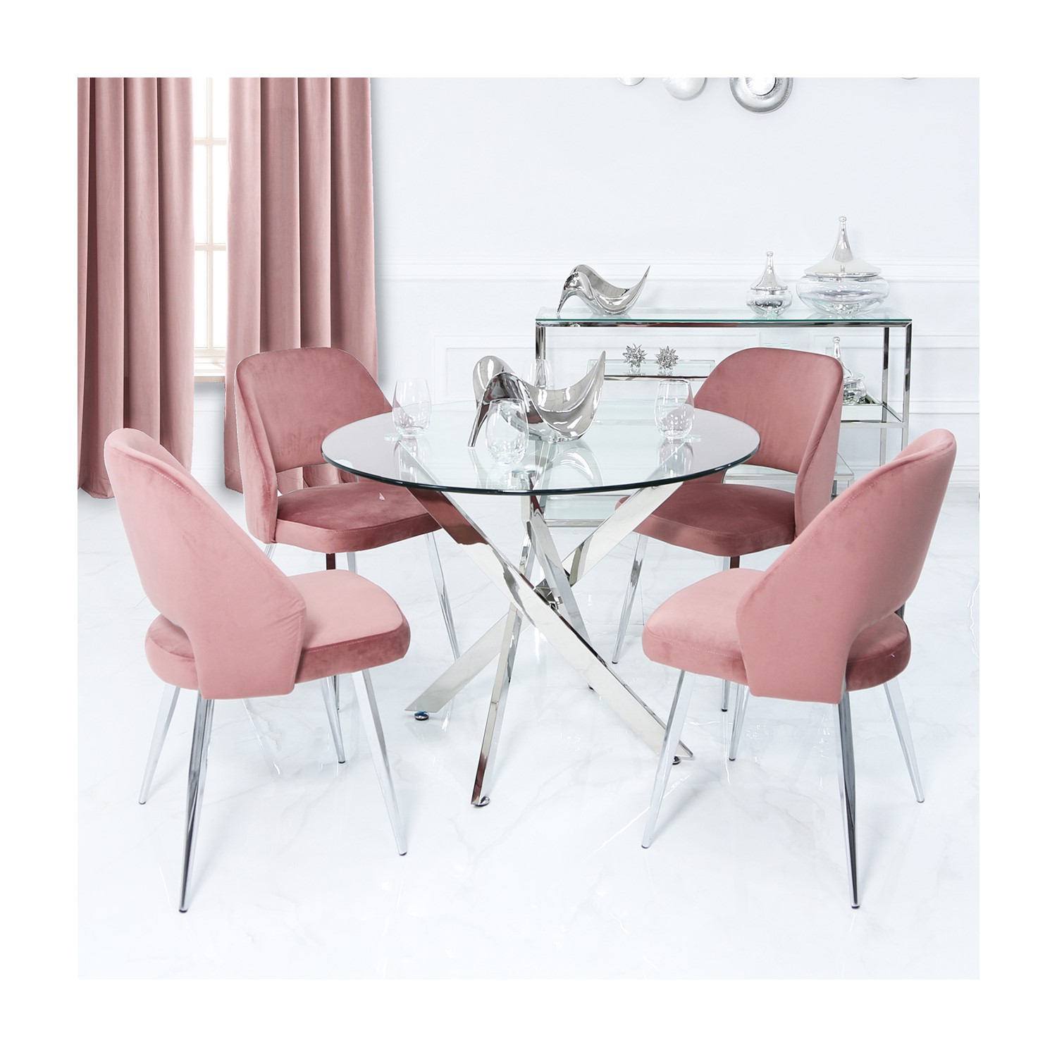 Round Glass Dining Table 4 Pink Velvet Chairs Aurora Boutique